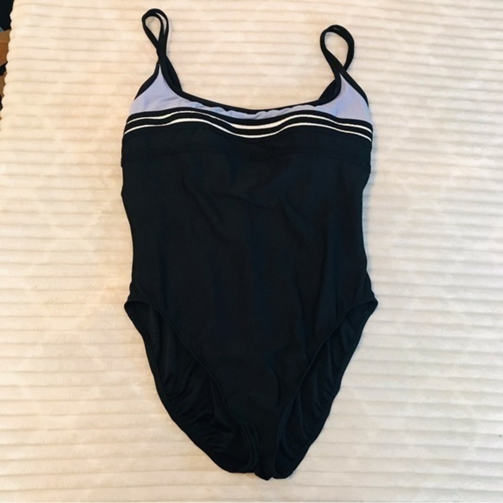 Trimshaper Black Blue White Stripe Double Strap One Piexe Swimsuit Plus size 16